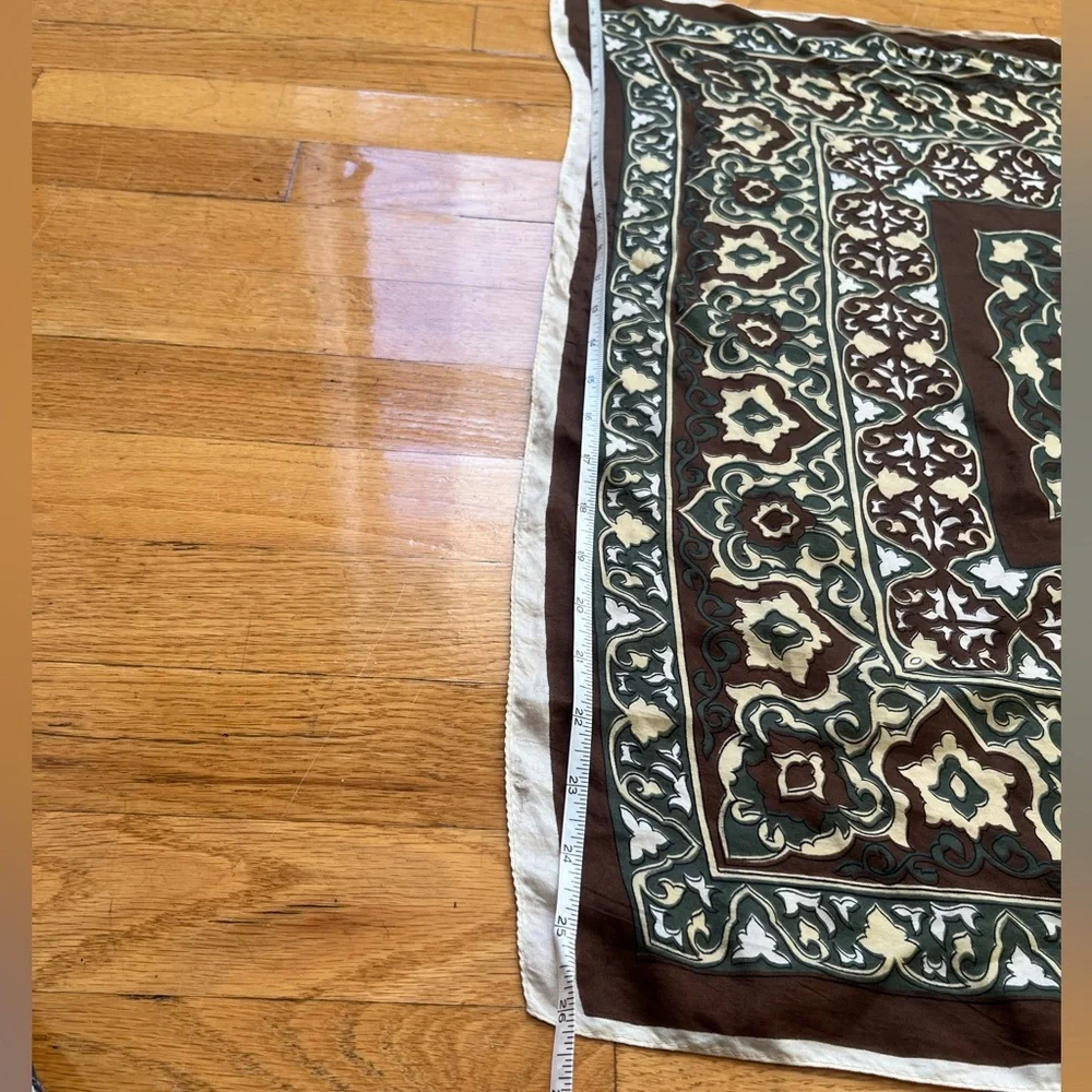 Brown green yellow white pattern square scarf - Picture 2 of 3